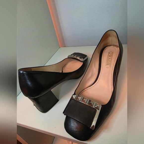 Prada Shoes - Prada Black Leather Stud Buckle Block Heel Pumps Size 39 Made in Italy